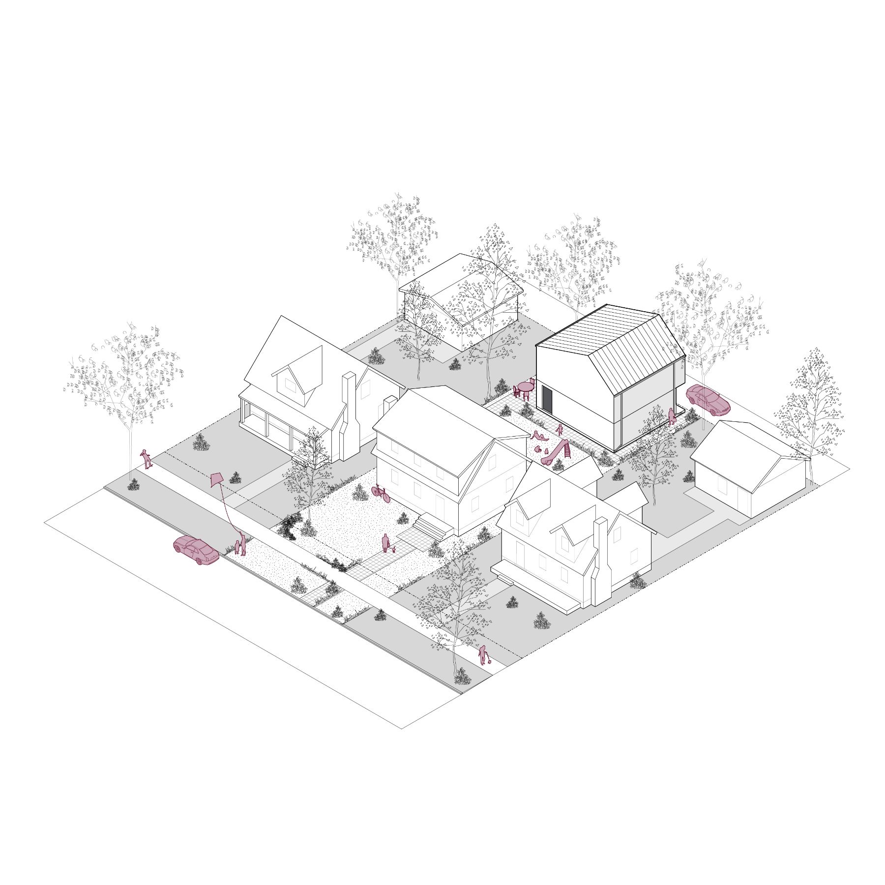 Rendu filaire 3D du logement accessoire 02, d’une superficie d’environ 53 mètres carrés (570 pieds carrés). La conception à deux étages est axée sur l’optimisation de l’espace vertical. L’image montre l’intégration du logement dans un quartier.